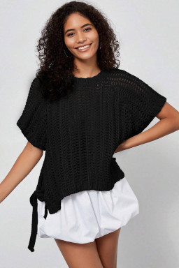 Plus Size Black  Open Knit Bow Tie Short Sleeve Sweater