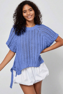 Plus Size Ashleigh Blue  Open Knit Bow Tie Short Sleeve Sweater