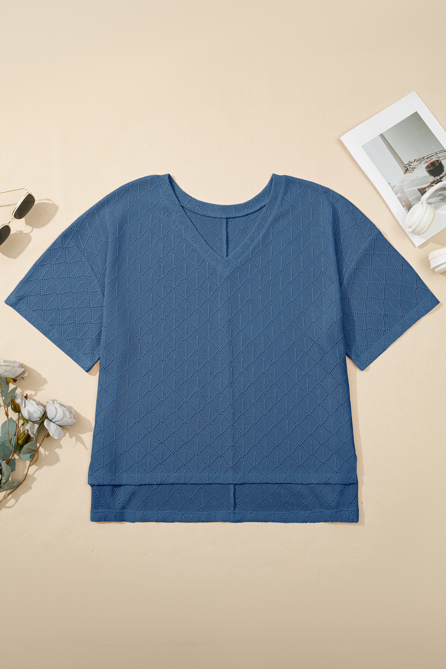 Plus Size Sky Blue Pointelle Rhombus Knit  V Neck Loose Top
