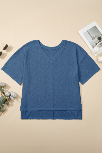 Plus Size Sky Blue Pointelle Rhombus Knit  V Neck Loose Top