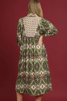 Plus Size Green  Mixed Floral Patchwork V Neck Bracelet Sleeve Maxi Dress