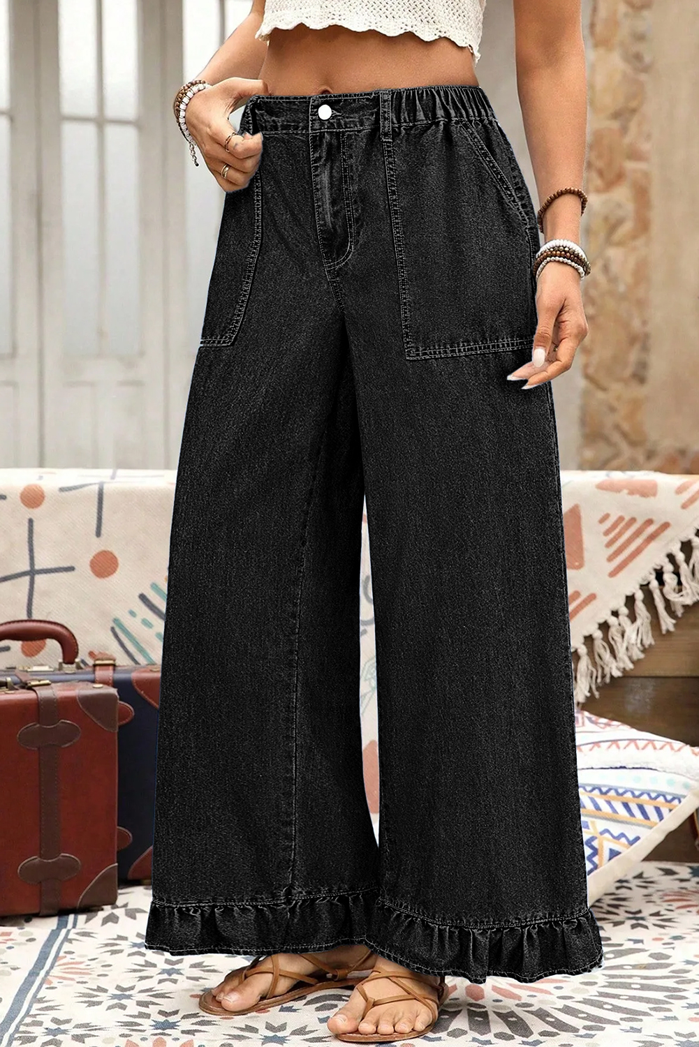 Plus Size Black  Elastic Waist Ruffled Wide Leg Denim Pants