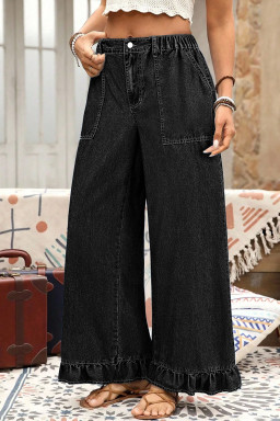 Plus Size Black  Elastic Waist Ruffled Wide Leg Denim Pants