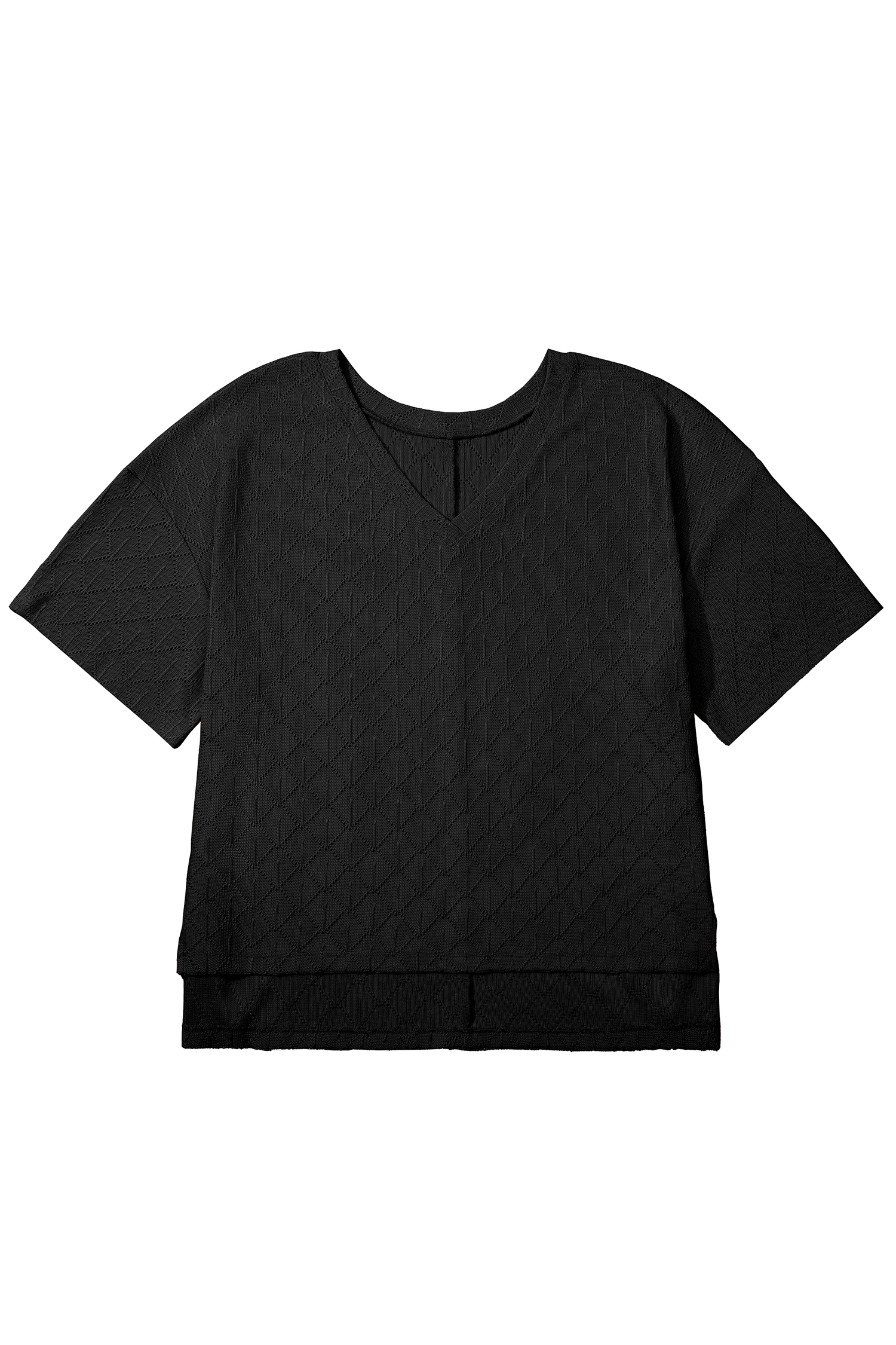 Plus Size Black Pointelle Rhombus Knit  V Neck Loose Top