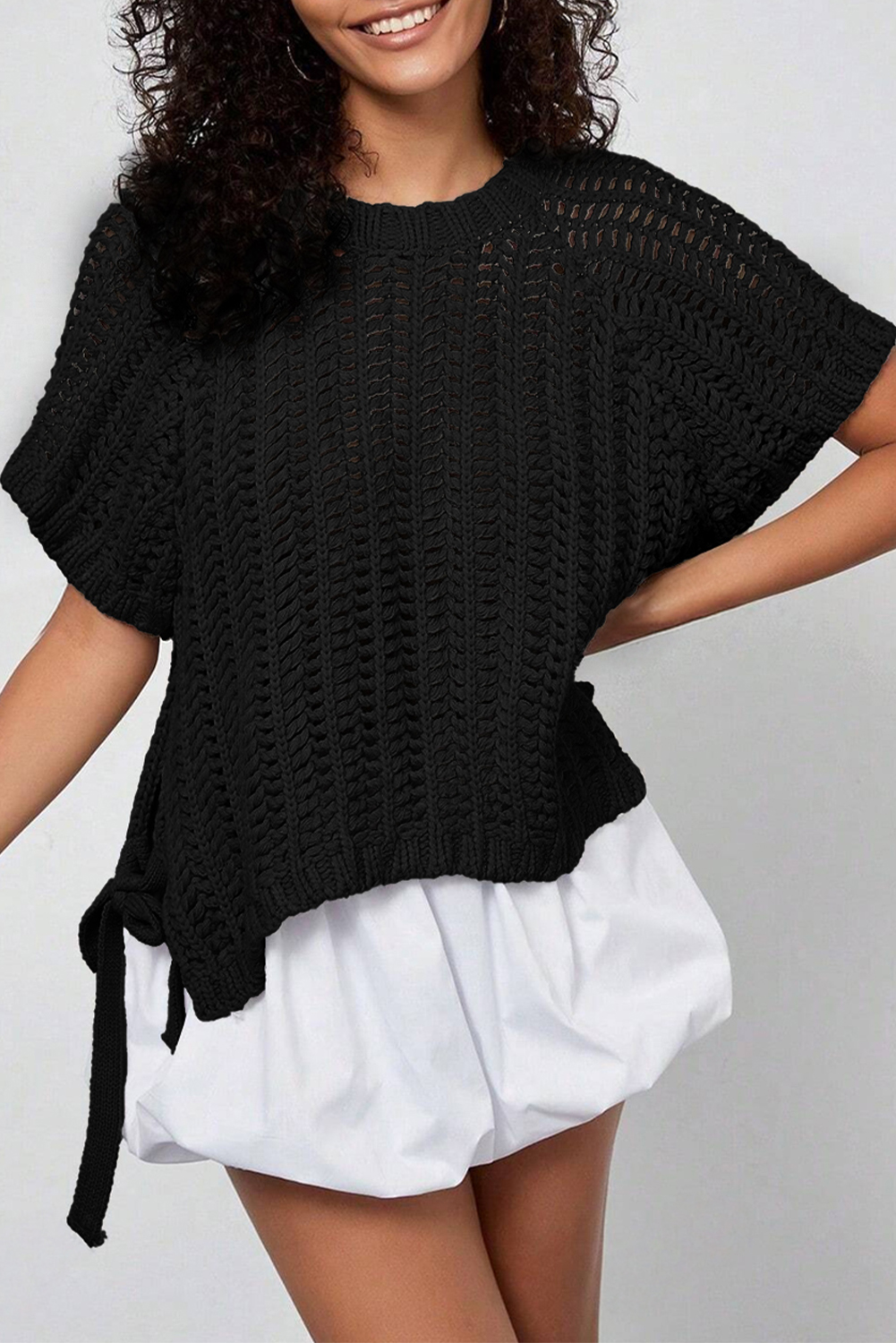 Plus Size Black  Open Knit Bow Tie Short Sleeve Sweater