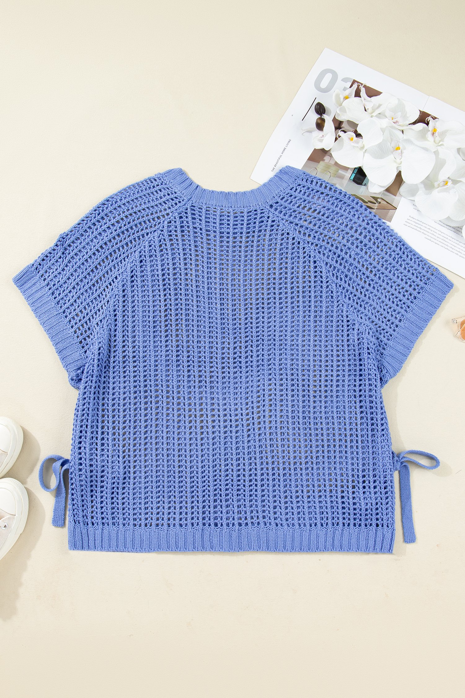Plus Size Ashleigh Blue  Open Knit Bow Tie Short Sleeve Sweater