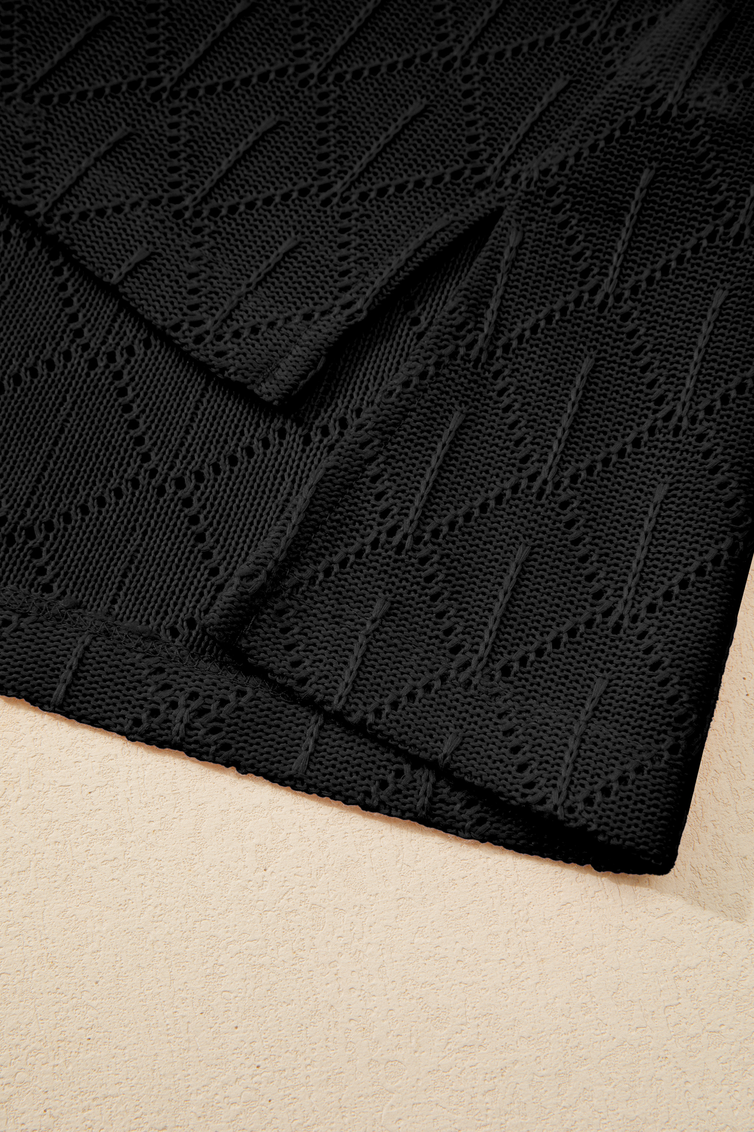 Plus Size Black Pointelle Rhombus Knit  V Neck Loose Top