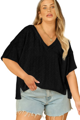Plus Size Black Pointelle Rhombus Knit  V Neck Loose Top