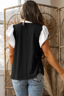Plus Size Black  Contrast Frilled Neckline Ruffled Short Sleeve Ribbed Textured Blouse