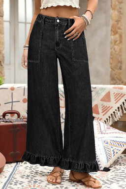 Plus Size Black  Elastic Waist Ruffled Wide Leg Denim Pants
