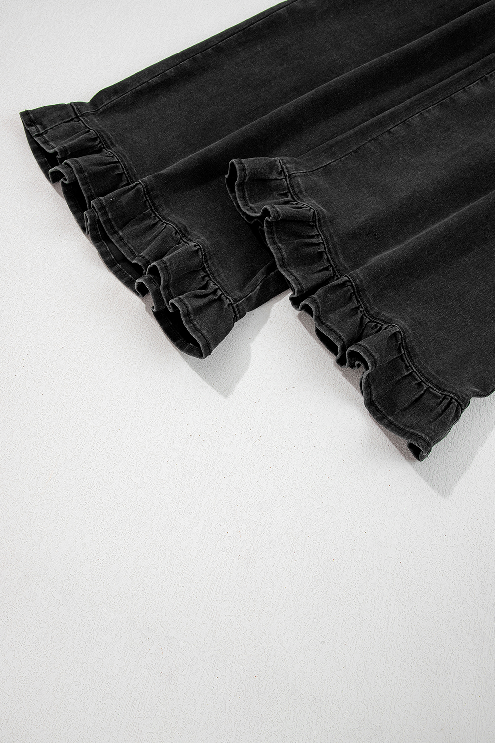 Plus Size Black  Elastic Waist Ruffled Wide Leg Denim Pants