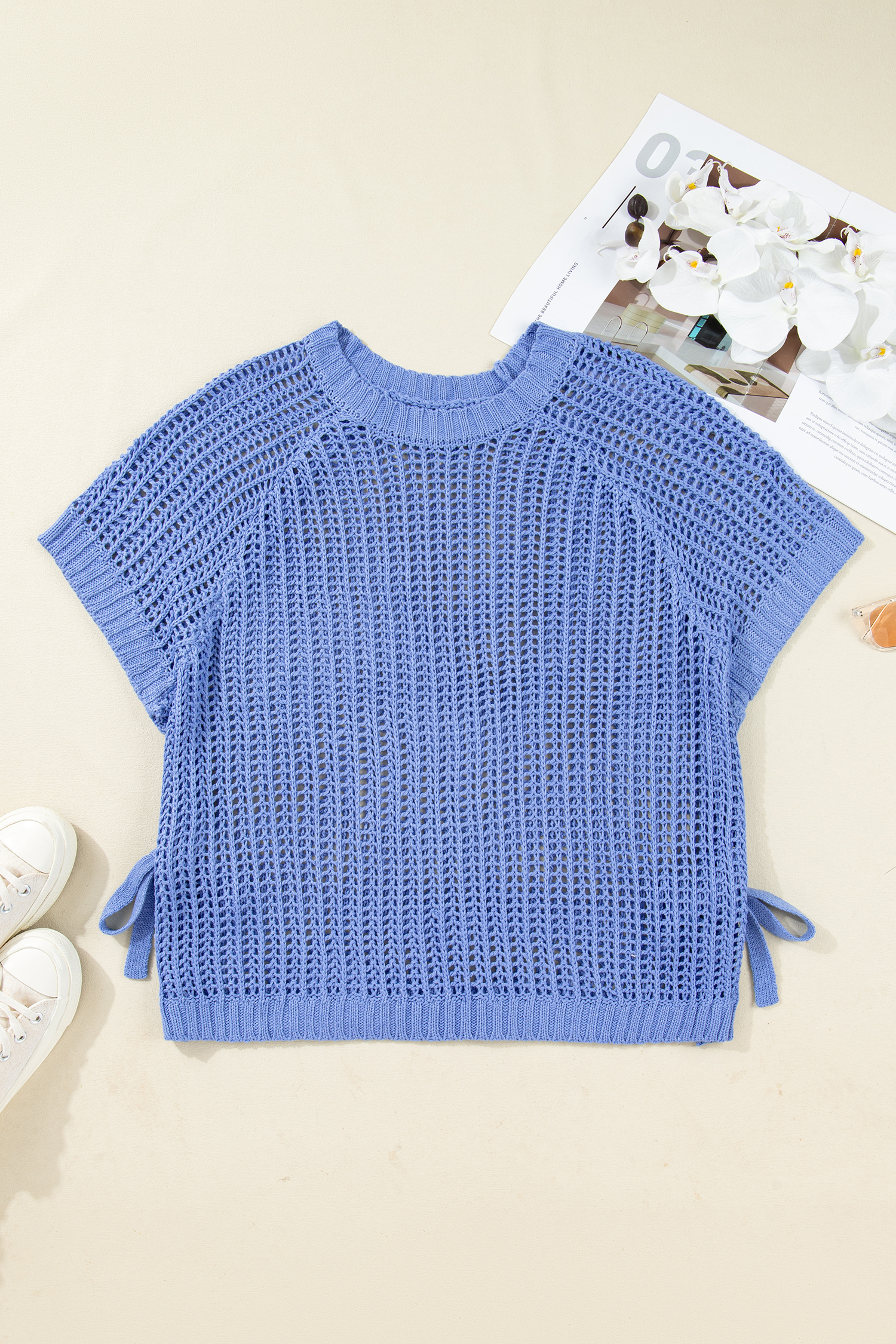 Plus Size Ashleigh Blue  Open Knit Bow Tie Short Sleeve Sweater