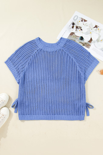 Plus Size Ashleigh Blue  Open Knit Bow Tie Short Sleeve Sweater