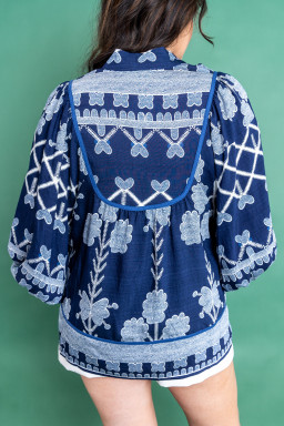 Plus Size Blue  Floral Printed Notched Neck Long Sleeve Blouse