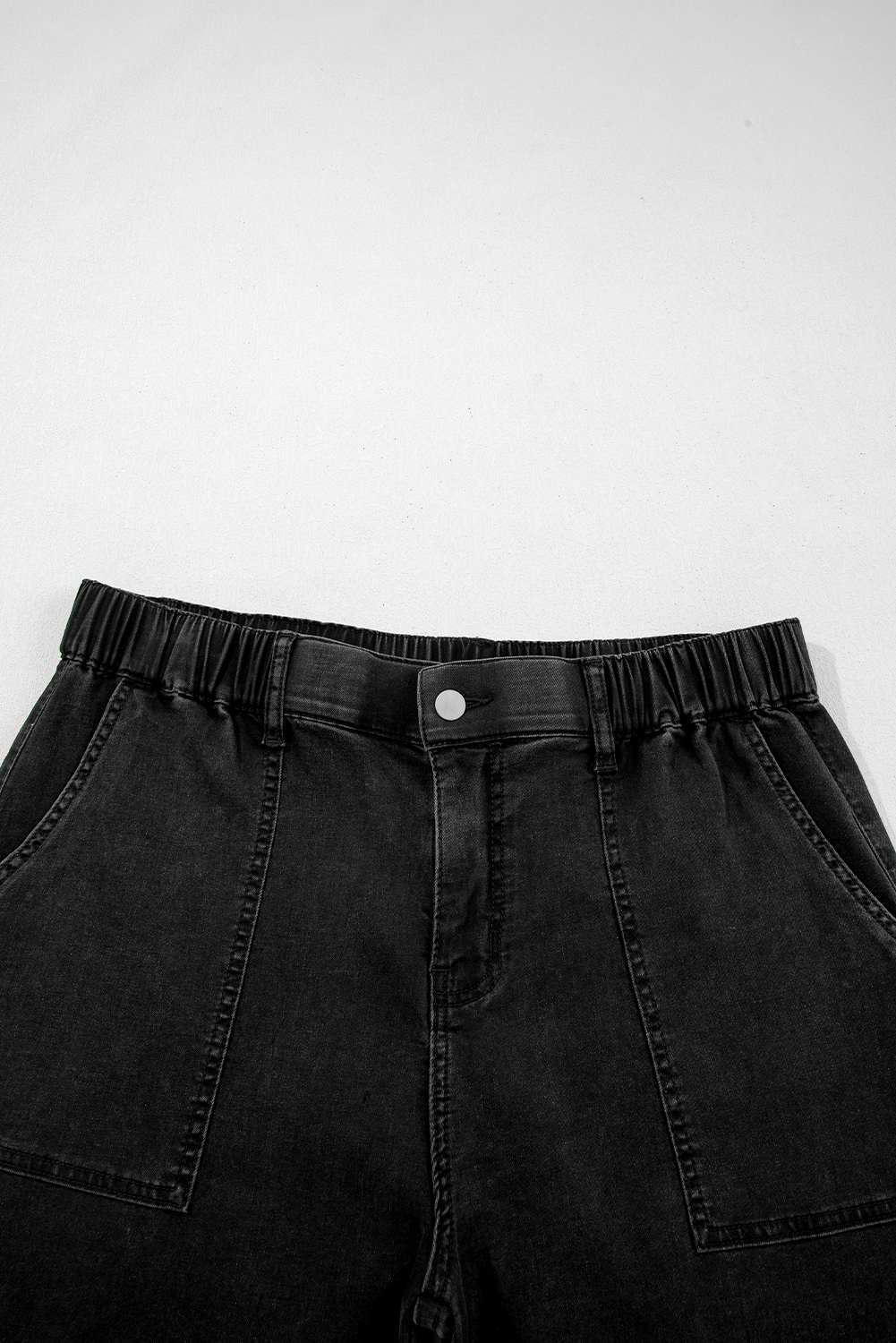 Plus Size Black  Elastic Waist Ruffled Wide Leg Denim Pants