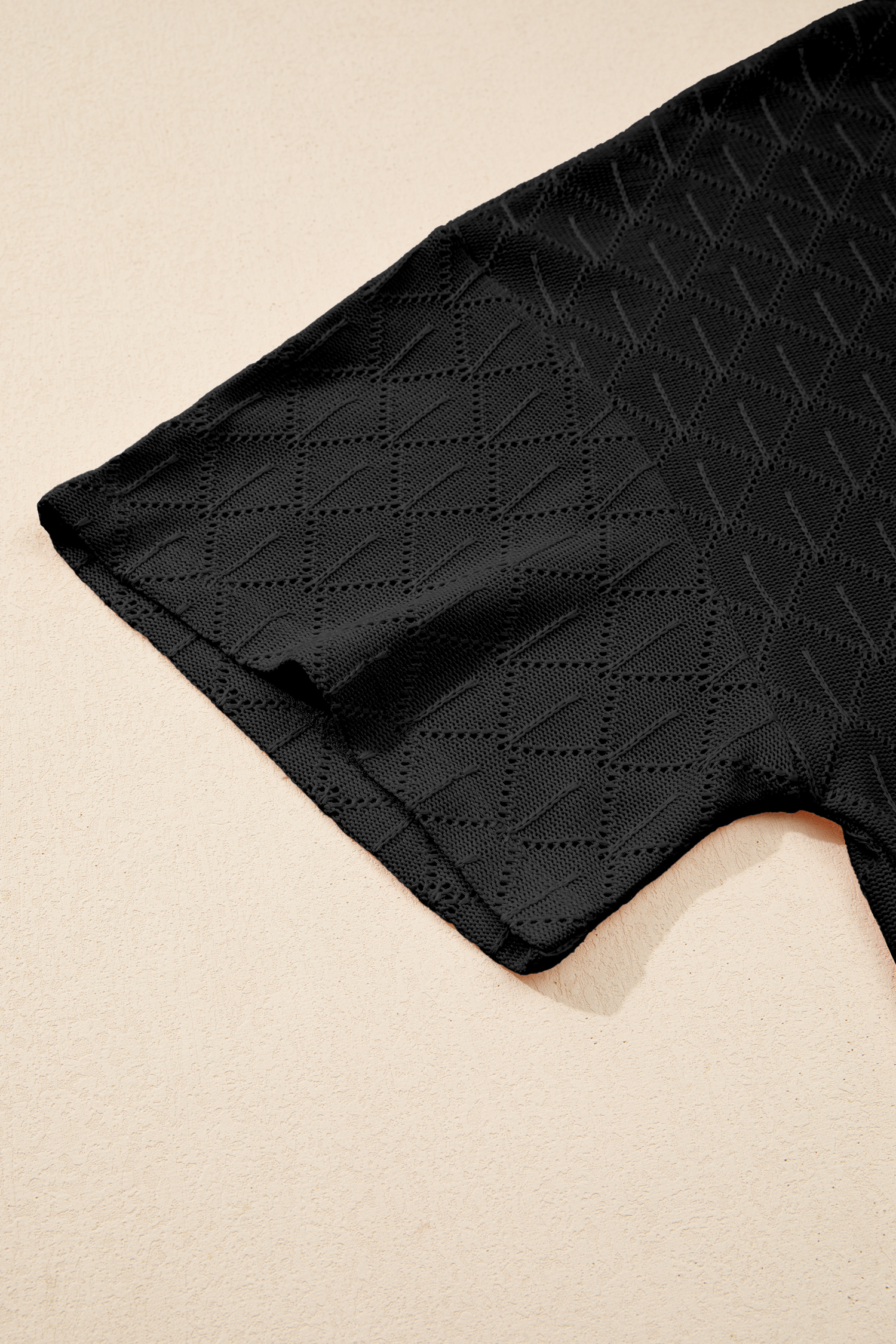 Plus Size Black Pointelle Rhombus Knit  V Neck Loose Top