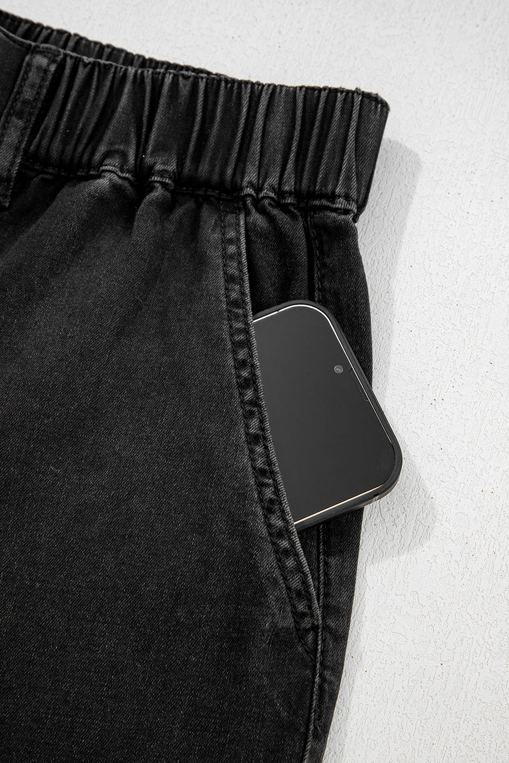 Plus Size Black  Elastic Waist Ruffled Wide Leg Denim Pants