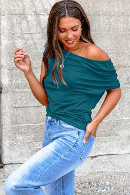 Plus Size Blue Sapphire  Solid Color Asymmetric Neck Short Sleeve Blouse