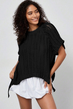 Plus Size Black  Open Knit Bow Tie Short Sleeve Sweater