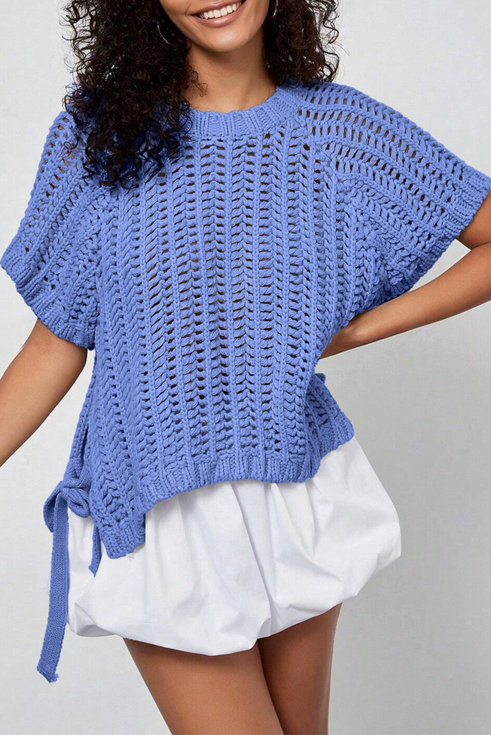 Plus Size Ashleigh Blue  Open Knit Bow Tie Short Sleeve Sweater