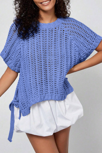 Plus Size Ashleigh Blue  Open Knit Bow Tie Short Sleeve Sweater