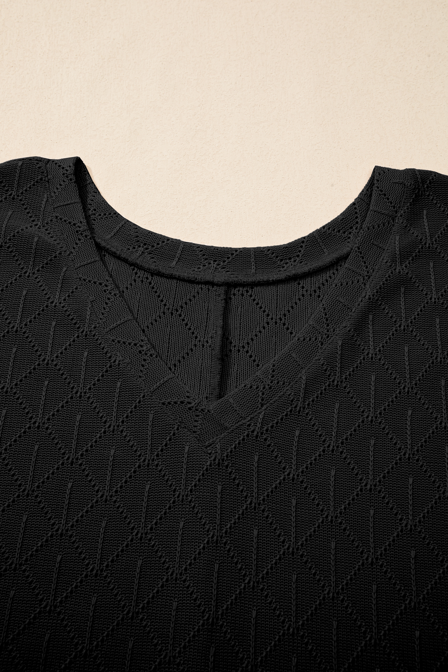 Plus Size Black Pointelle Rhombus Knit  V Neck Loose Top