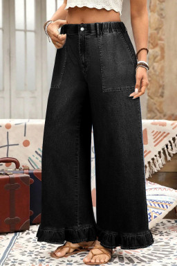 Plus Size Black  Elastic Waist Ruffled Wide Leg Denim Pants