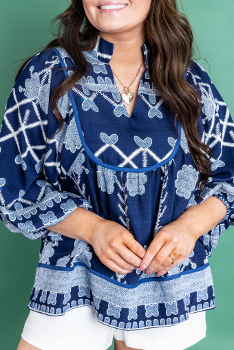 Plus Size Blue  Floral Printed Notched Neck Long Sleeve Blouse