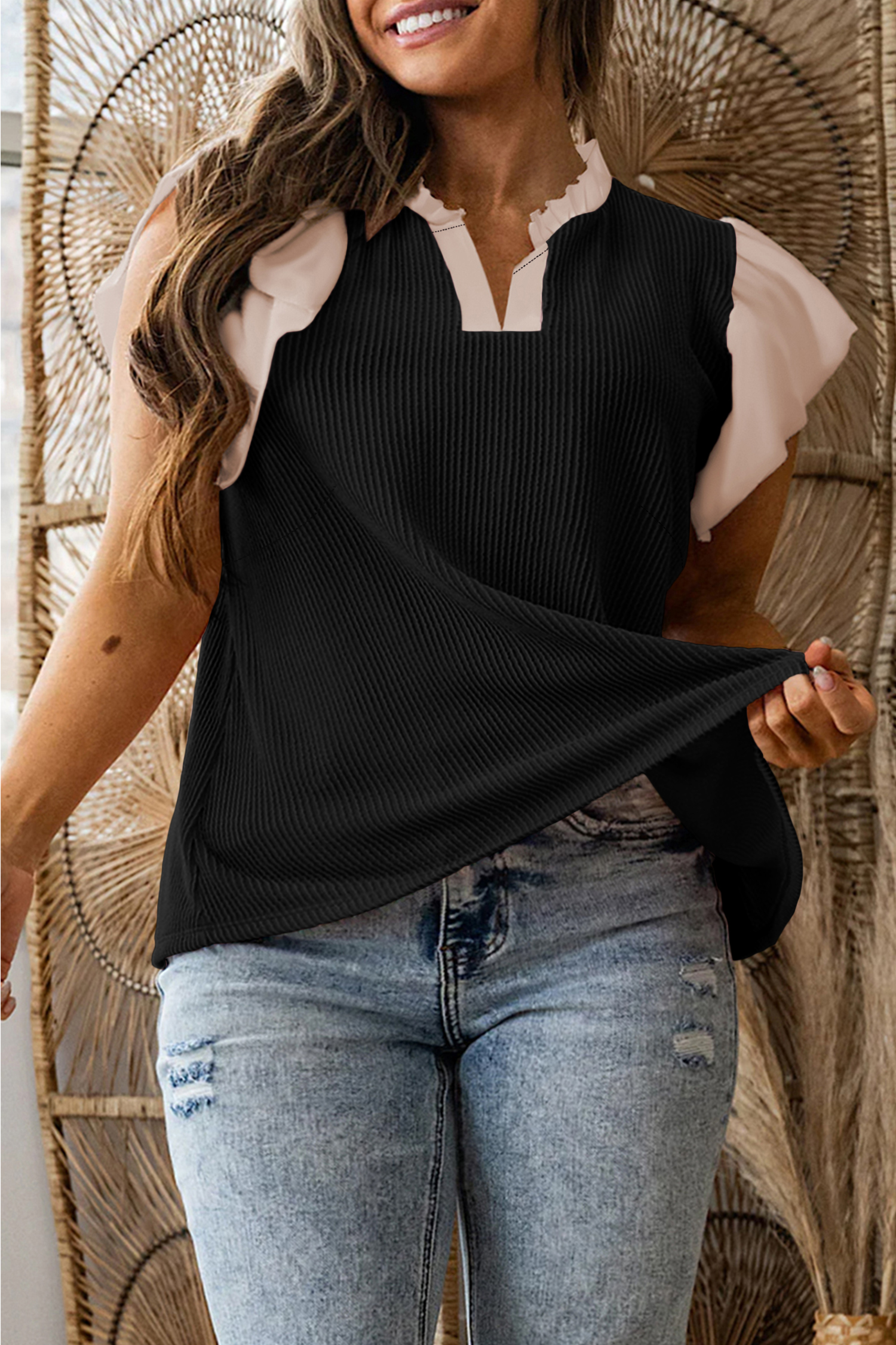 Plus Size Black  Contrast Frilled Neckline Ruffled Short Sleeve Ribbed Textured Blouse