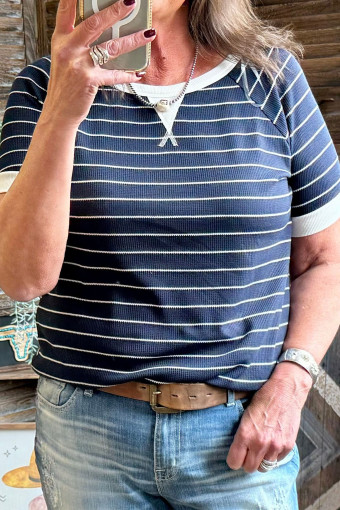 Plus Size Blue Stripe Contrast Trim  Ribbed T Shirt