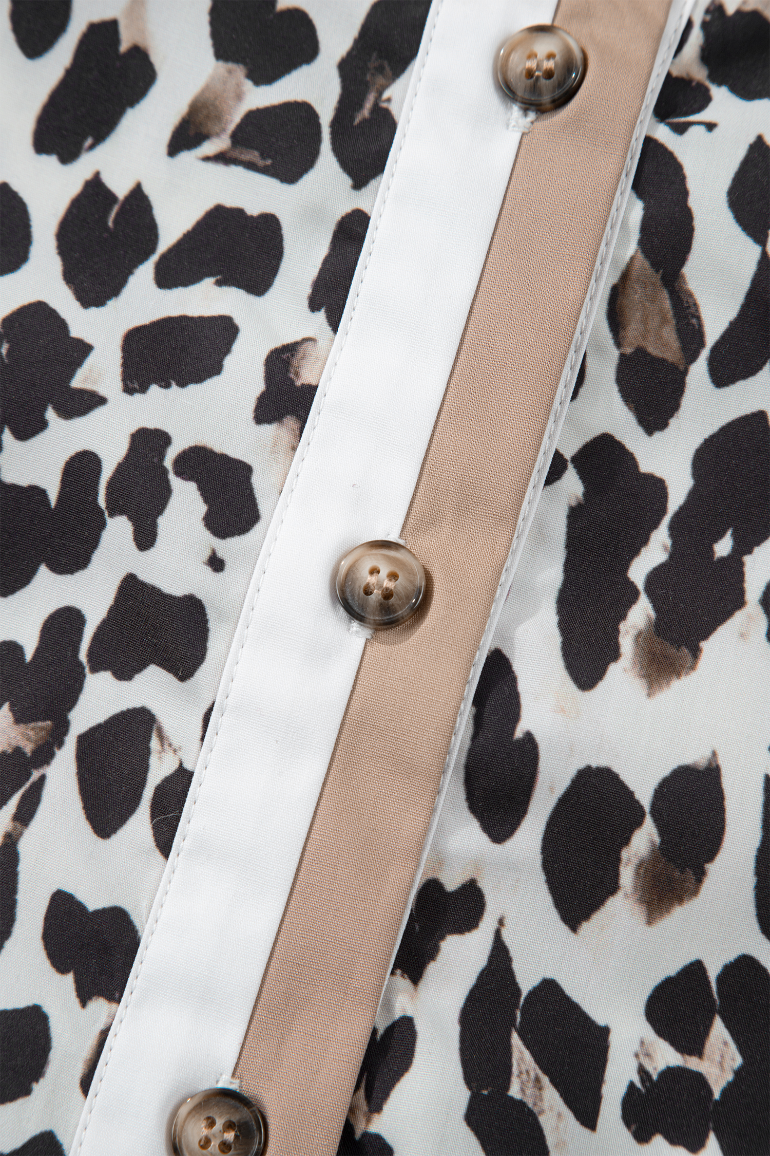 Multicolour Leopard Print Contrast Trim Button Split Neck Plus Long Sleeve Top