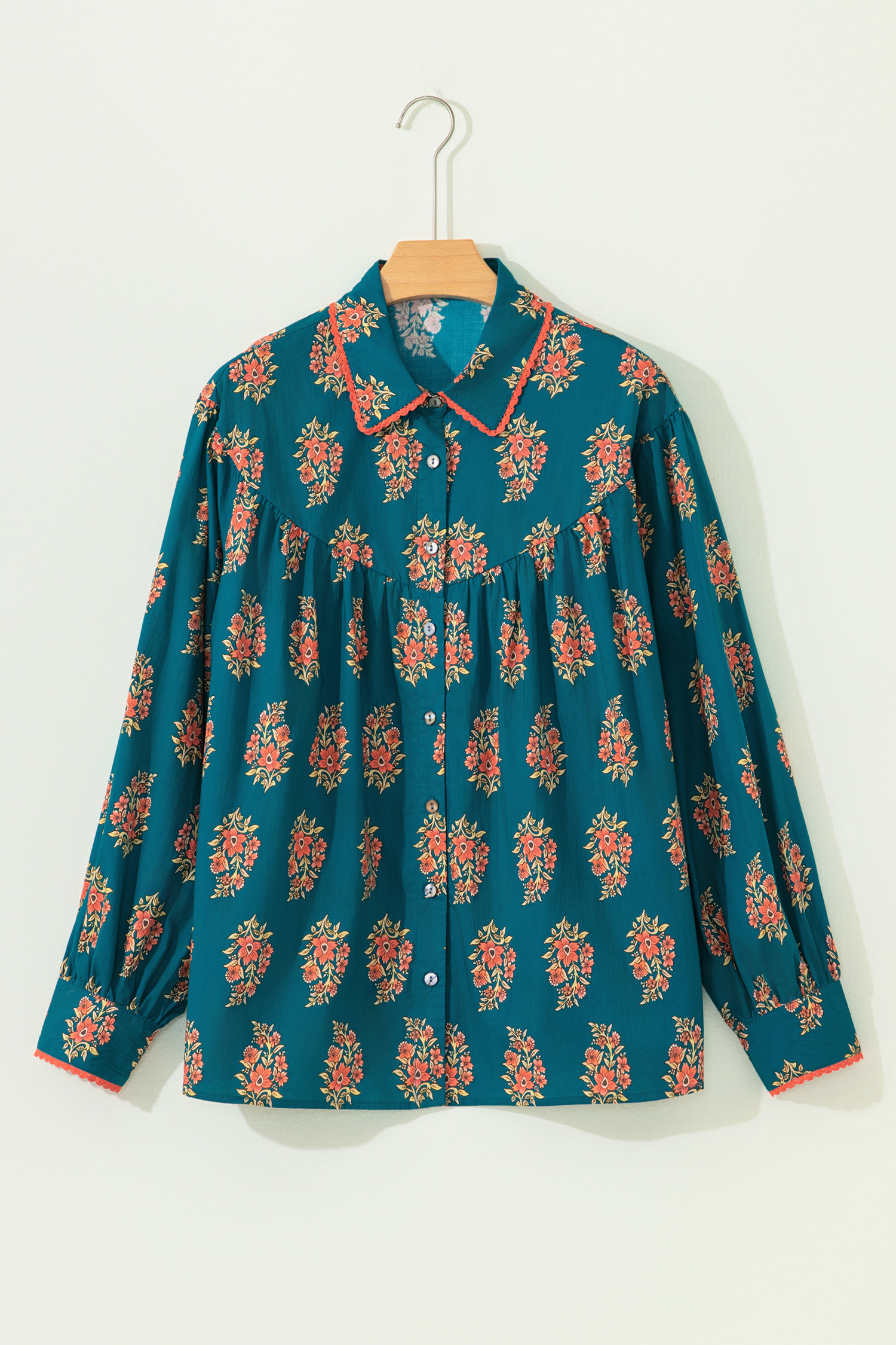 Plus Size Green  Floral Print Contrast Lacy Trim Pleated Loose Shirt