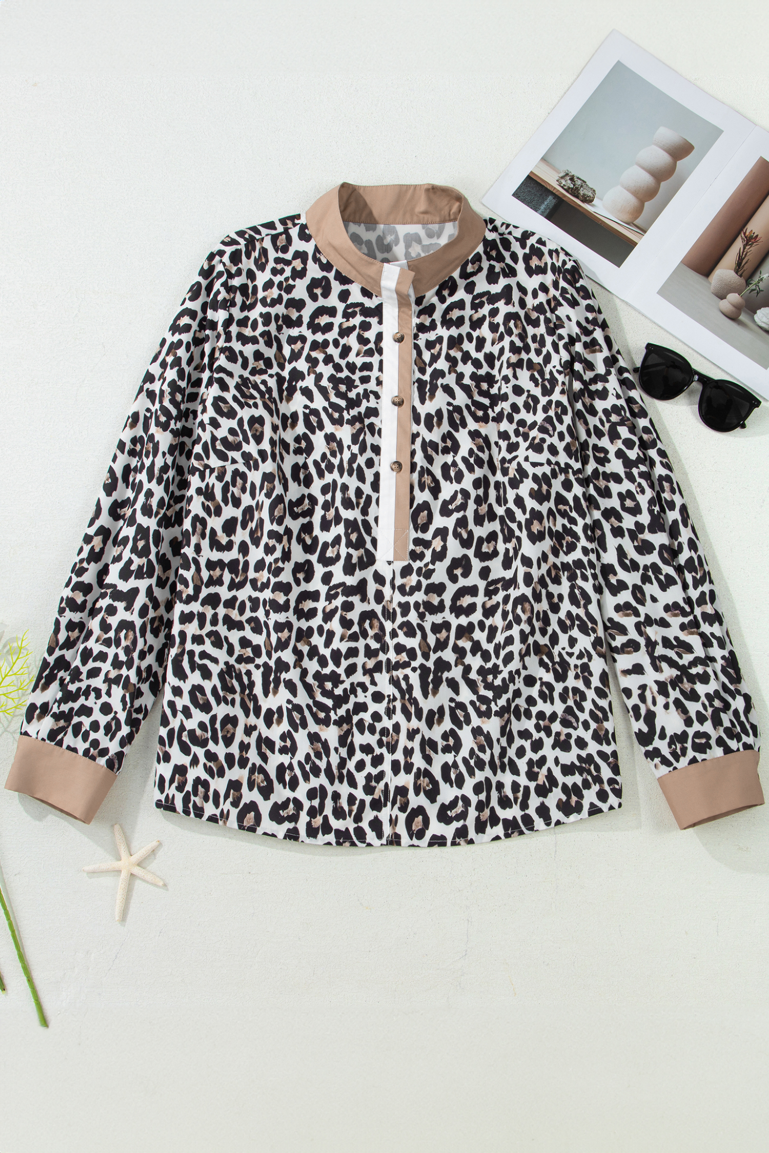 Multicolour Leopard Print Contrast Trim Button Split Neck Plus Long Sleeve Top