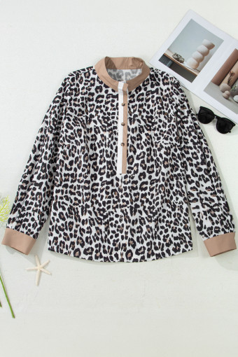 Multicolour Leopard Print Contrast Trim Button Split Neck Plus Long Sleeve Top