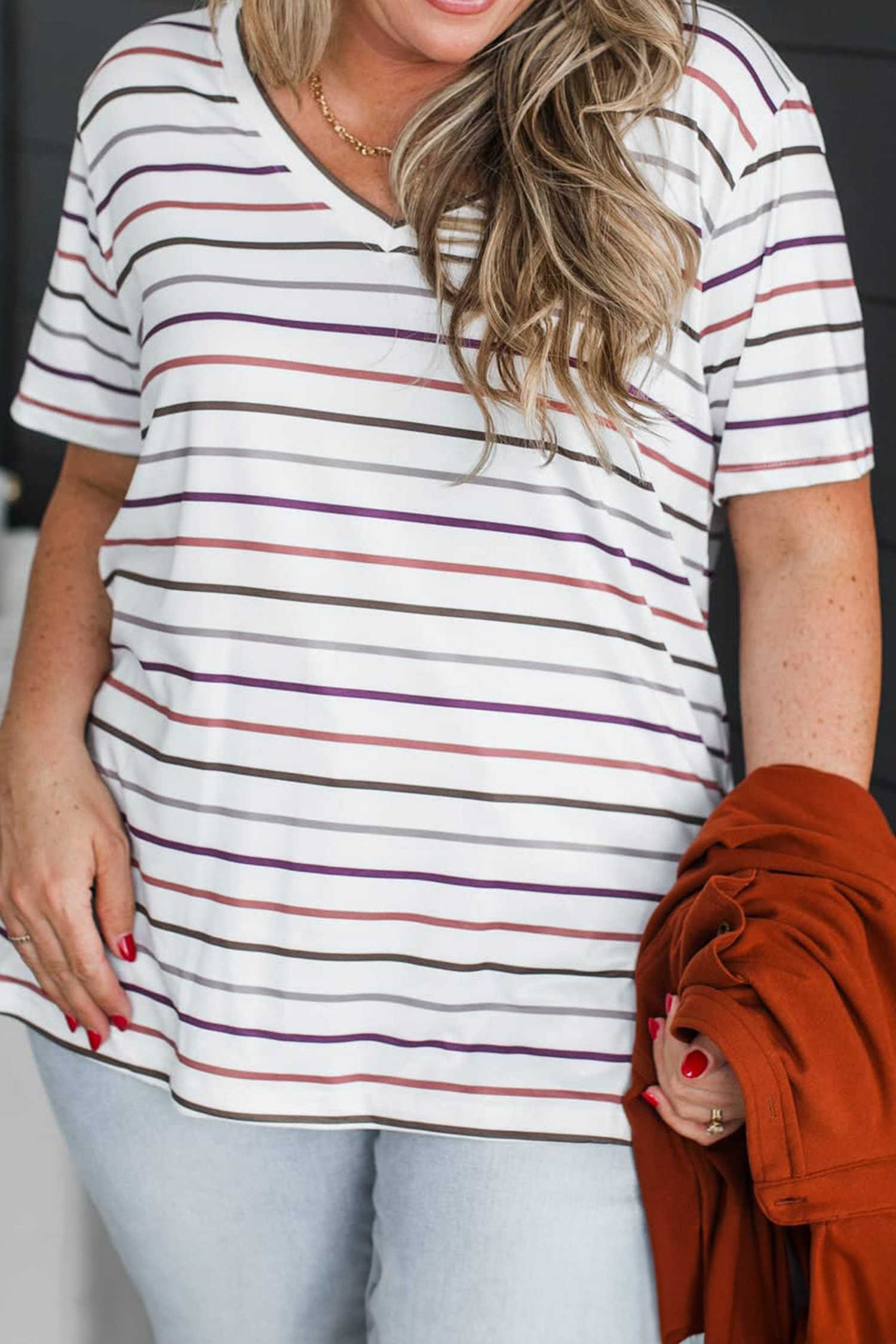 Plus Size White Stripe V Neck Casual  Tee