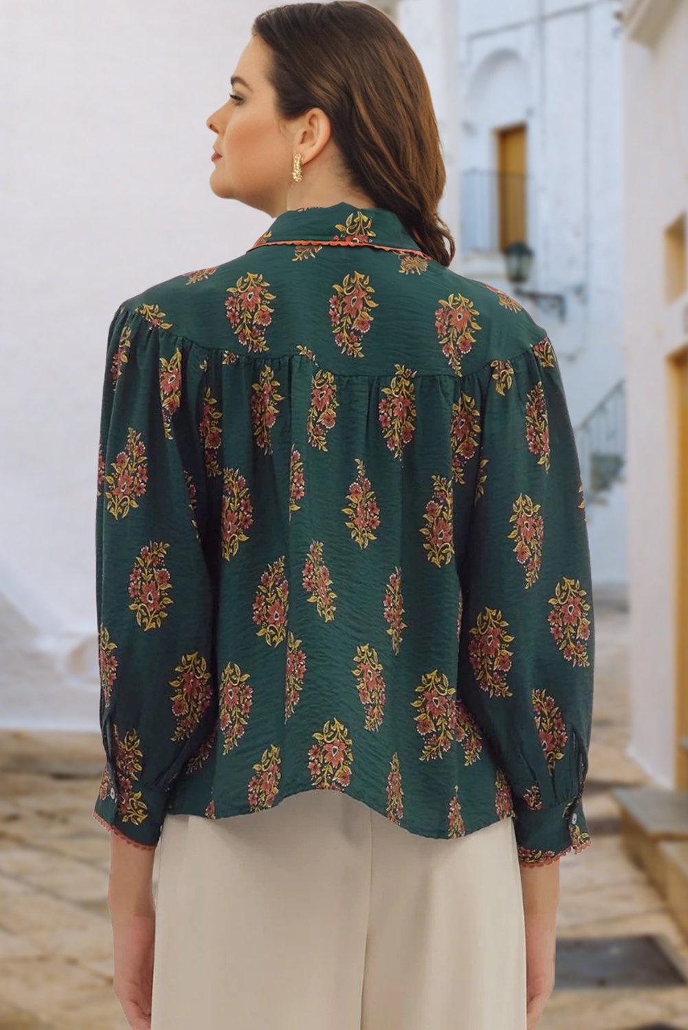 Plus Size Green  Floral Print Contrast Lacy Trim Pleated Loose Shirt