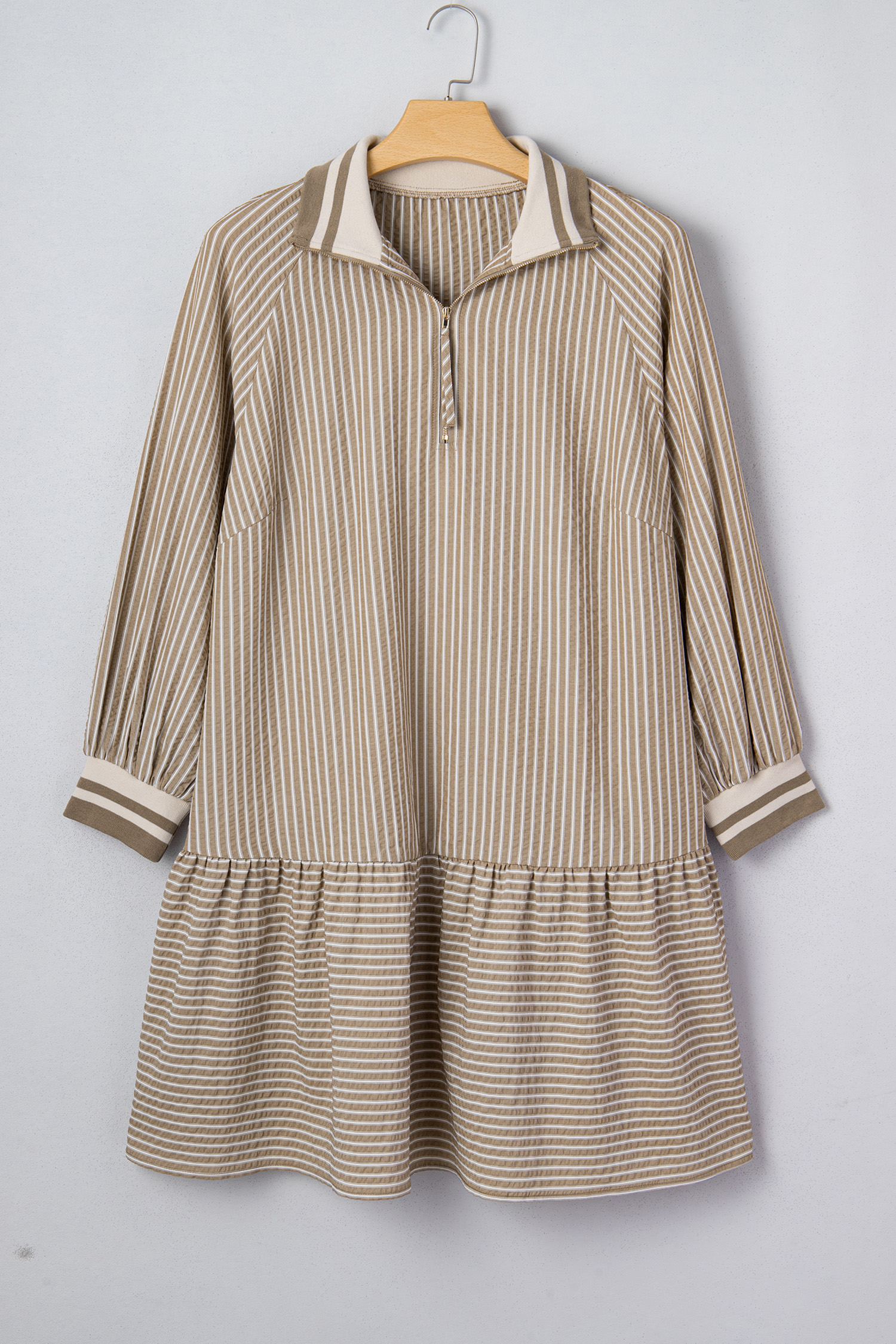 Plus Size Khaki Stripe Zip up Collared Puff Sleeve Ruffled  Mini Dress