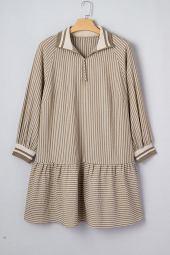 Plus Size Khaki Stripe Zip up Collared Puff Sleeve Ruffled  Mini Dress