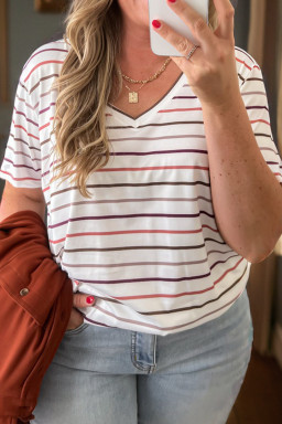 Plus Size White Stripe V Neck Casual  Tee