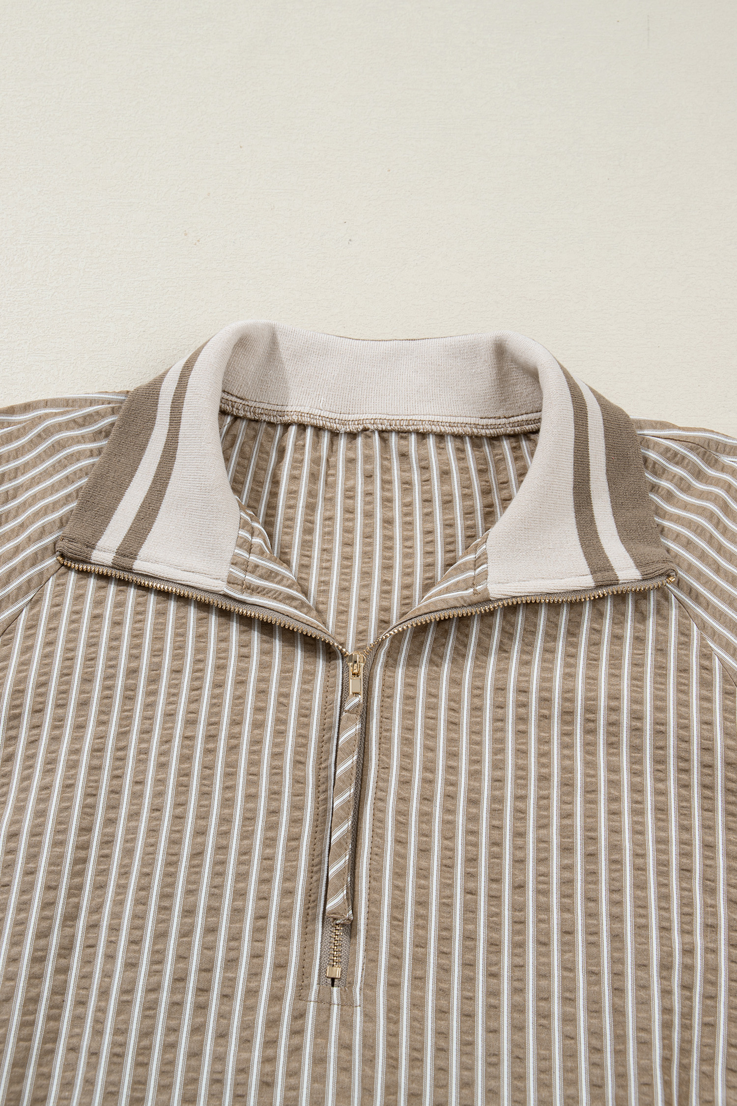 Plus Size Khaki Stripe Zip up Collared Puff Sleeve Ruffled  Mini Dress