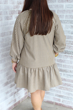 Plus Size Khaki Stripe Zip up Collared Puff Sleeve Ruffled  Mini Dress