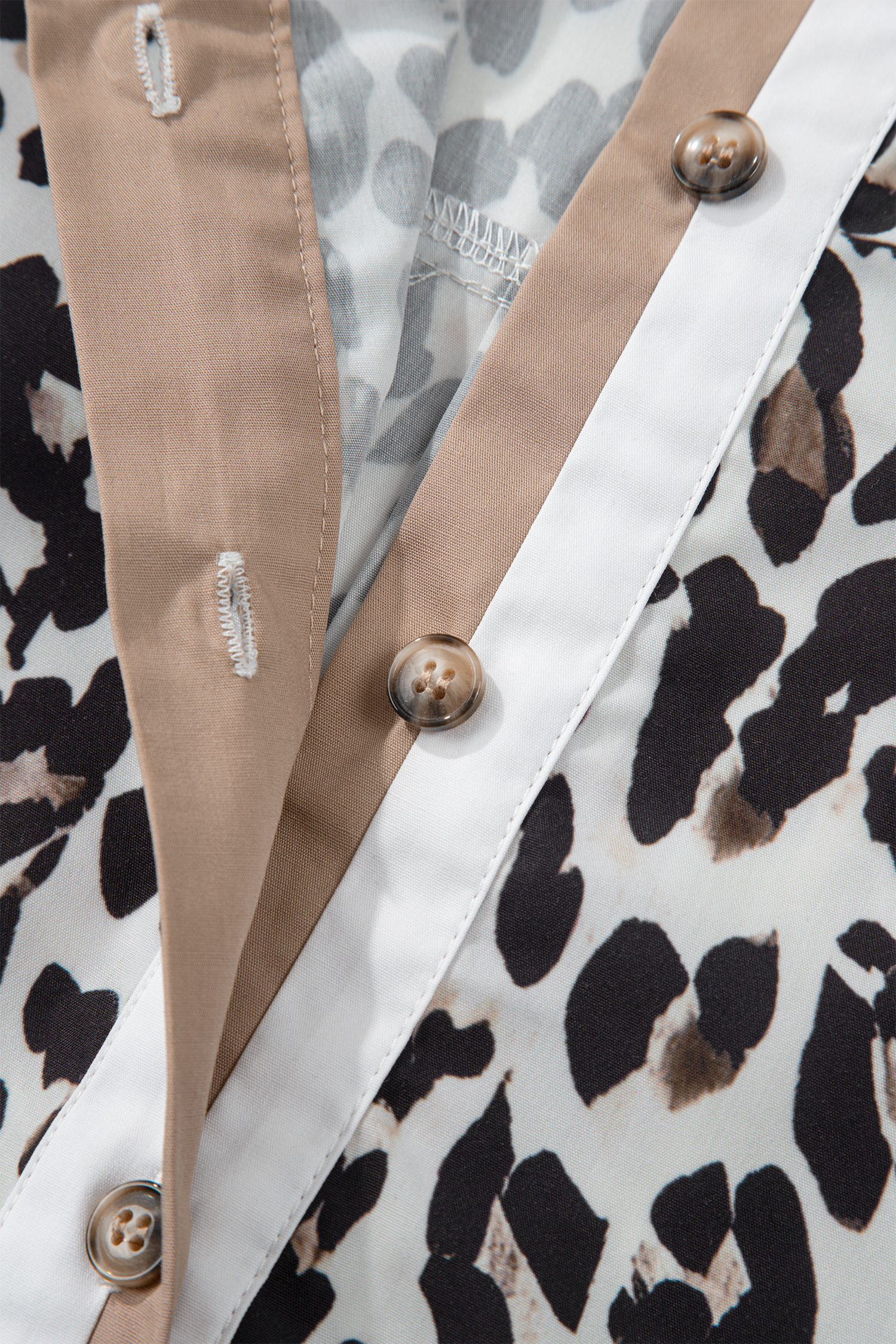 Multicolour Leopard Print Contrast Trim Button Split Neck Plus Long Sleeve Top