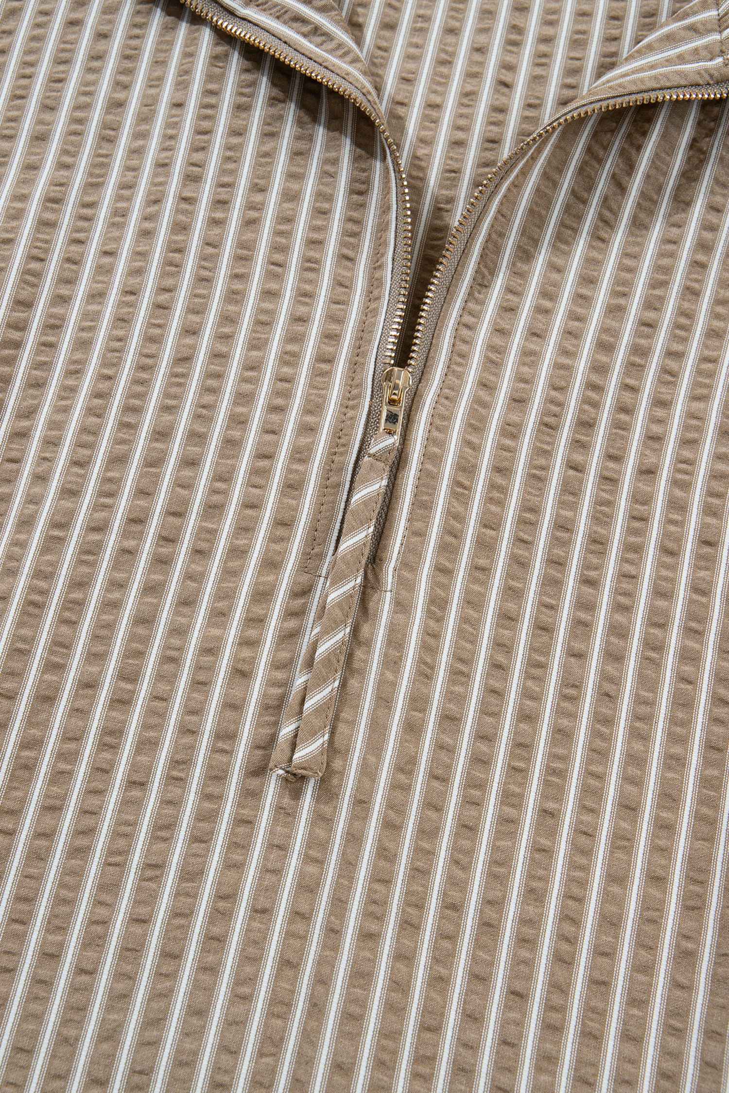 Plus Size Khaki Stripe Zip up Collared Puff Sleeve Ruffled  Mini Dress