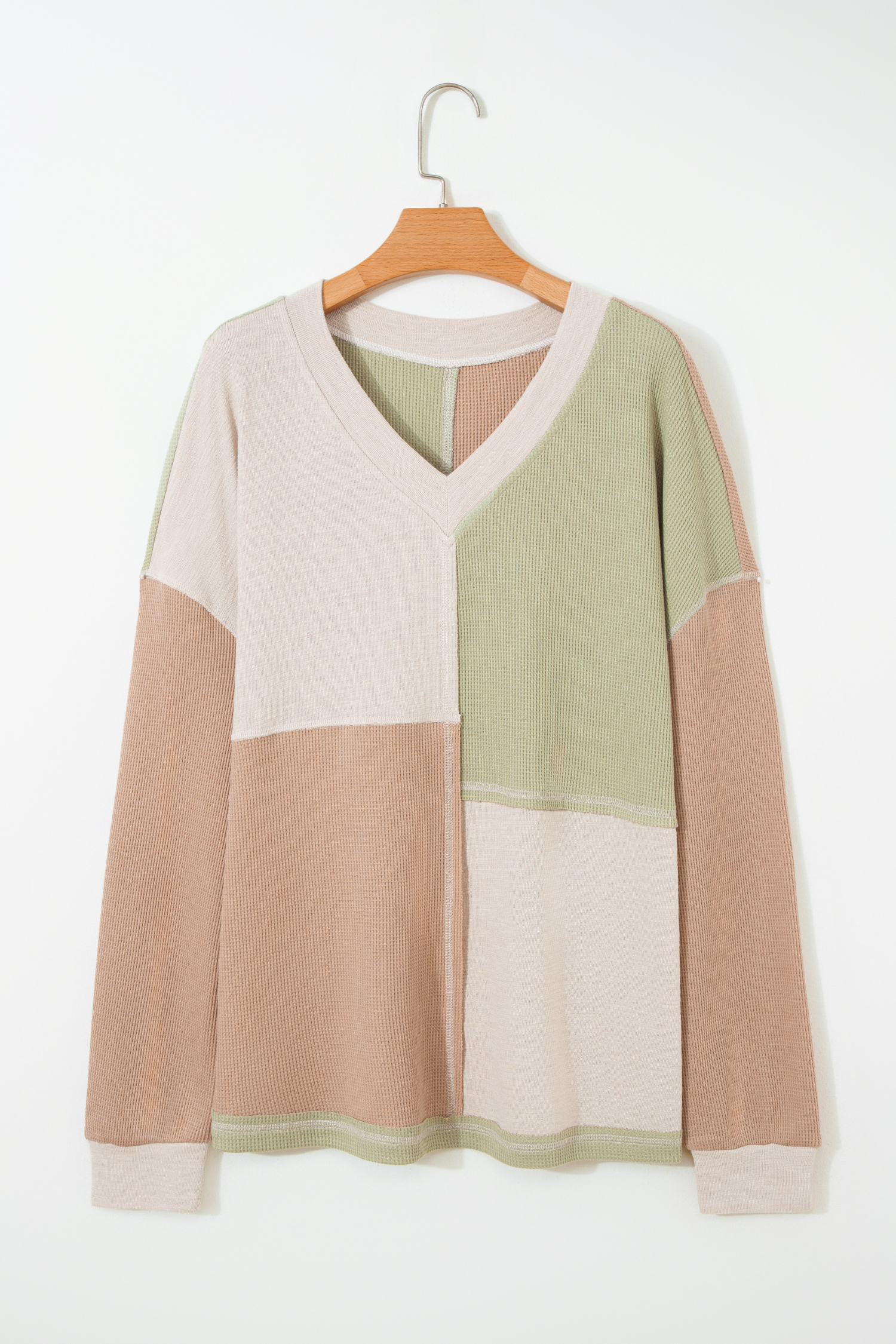 Green Plus Mixed Texture Color Block Patchwork V Neck Long Sleeve Top