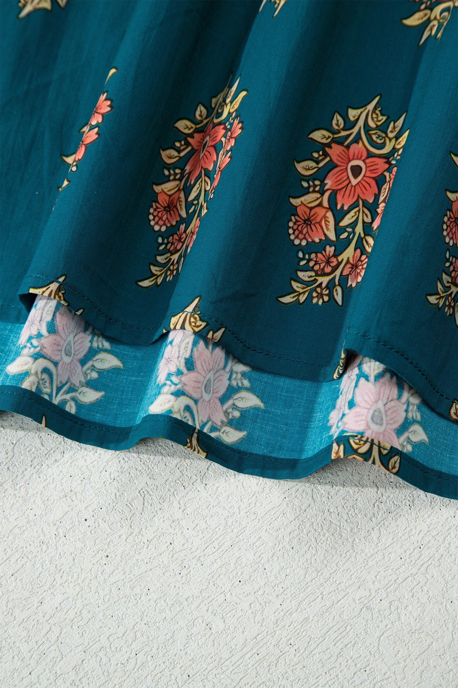 Plus Size Green  Floral Print Contrast Lacy Trim Pleated Loose Shirt