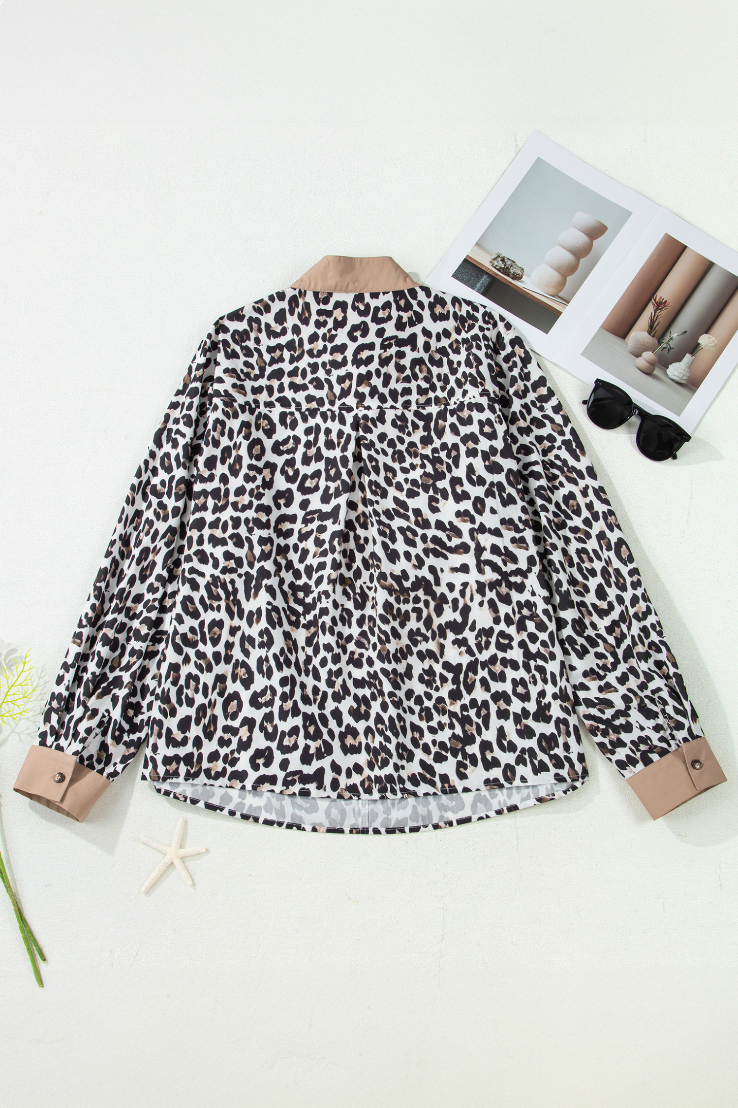 Multicolour Leopard Print Contrast Trim Button Split Neck Plus Long Sleeve Top