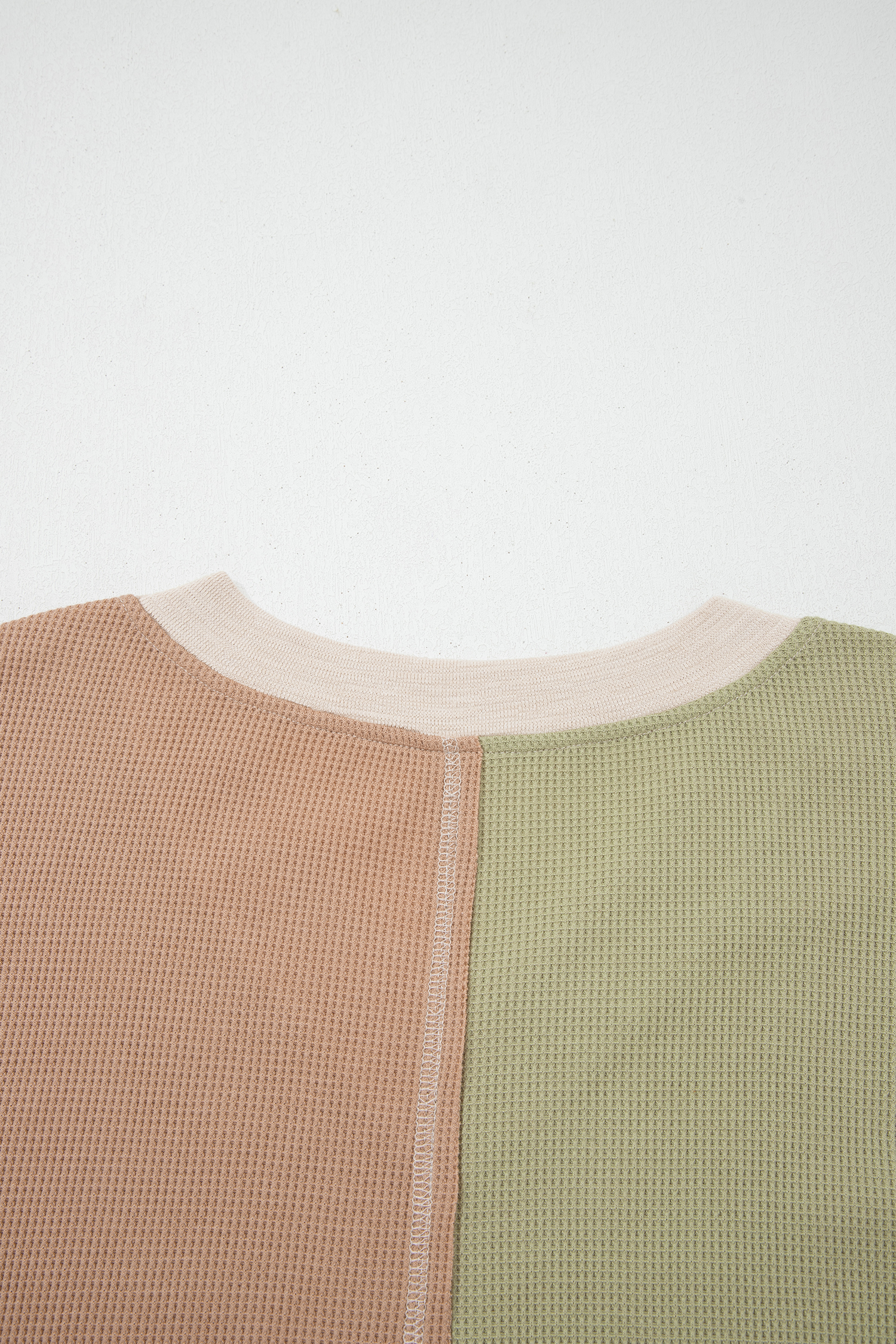 Green Plus Mixed Texture Color Block Patchwork V Neck Long Sleeve Top