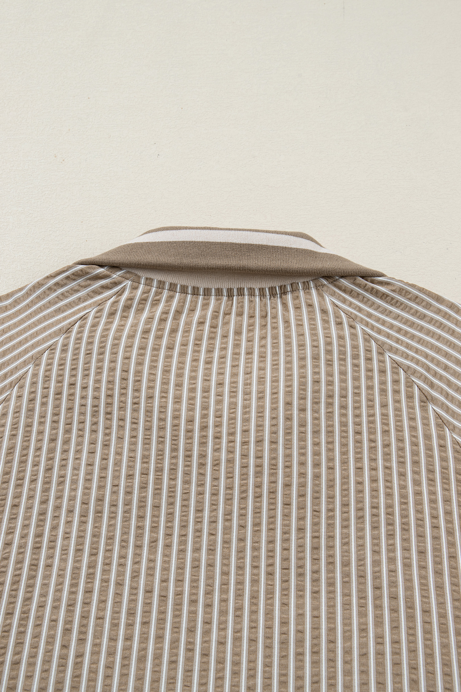 Plus Size Khaki Stripe Zip up Collared Puff Sleeve Ruffled  Mini Dress