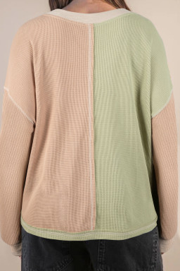 Green Plus Mixed Texture Color Block Patchwork V Neck Long Sleeve Top