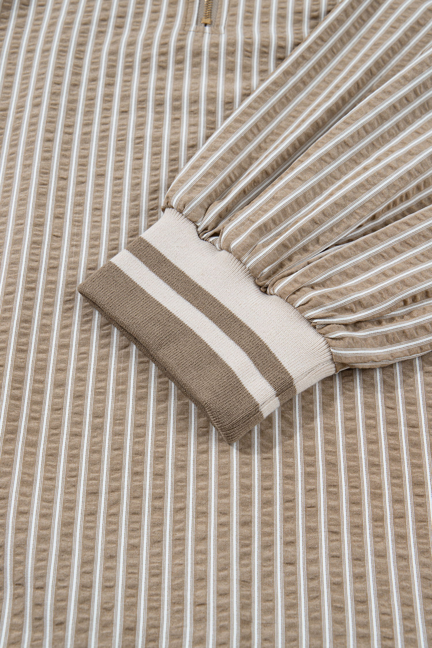 Plus Size Khaki Stripe Zip up Collared Puff Sleeve Ruffled  Mini Dress